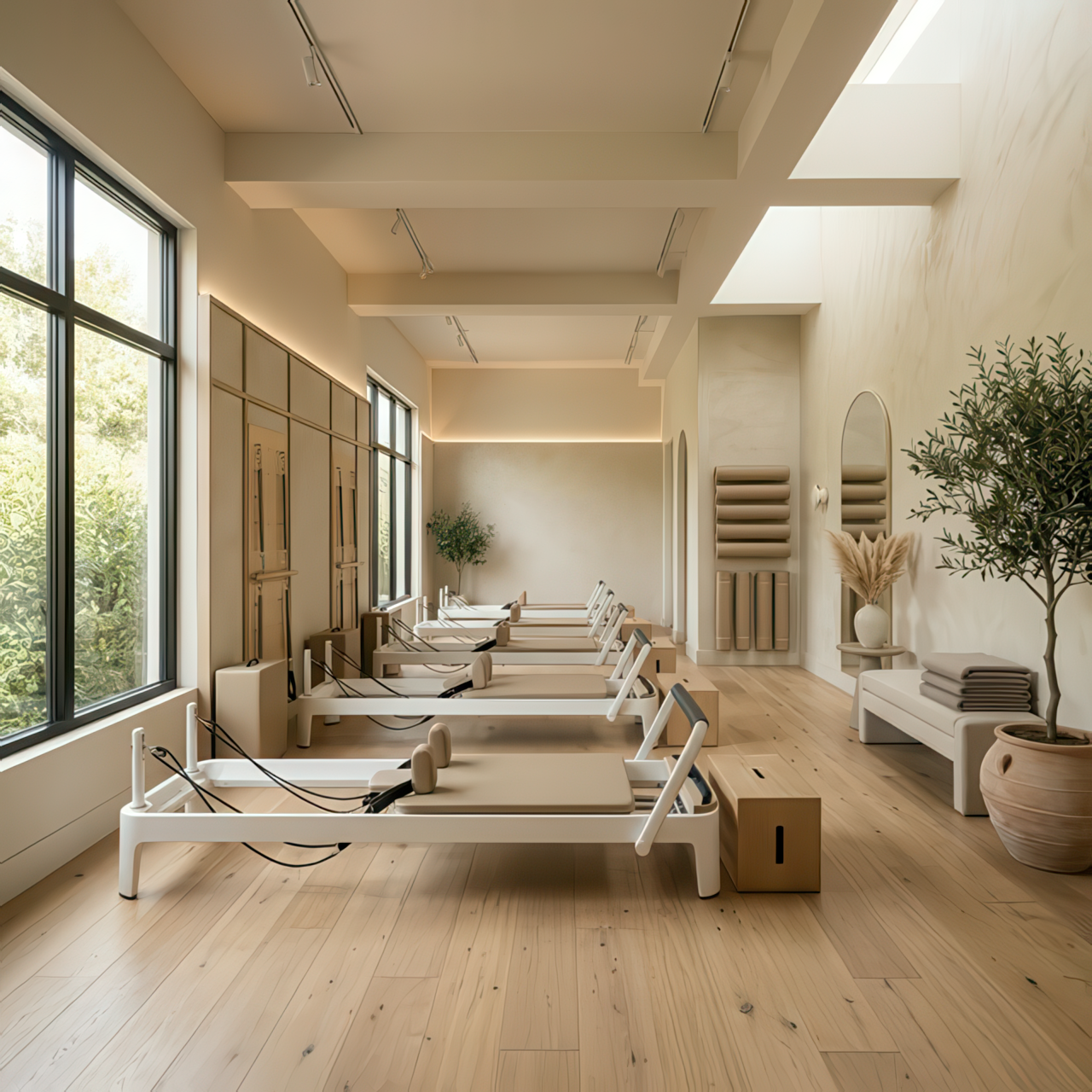 Espaço interno do studio — reformers e iluminação natural